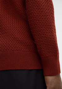 Maglione color ruggine con un motivo a maglia texture. Presenta un orlo e polsini a coste, materiale morbido e un design aderente.