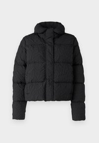 Black cropped puffer jacket with a quilted texture, high collar, and front zipper. Features long sleeves and minimalistic design.