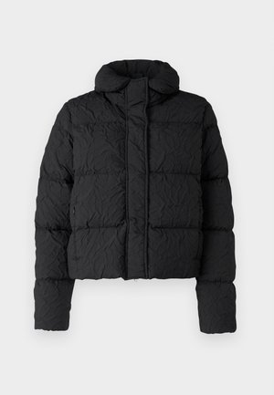 Zwarte cropped pufferjas met een gestikte textuur, hoge kraag en ritssluiting aan de voorkant. Beschikt over lange mouwen en een minimalistisch ontwerp.