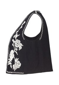 Zwarte mouwloze top met witte bloemige borduursels en decoratieve stiksel langs de randen. Heeft een ronde halslijn en een aansluitende pasvorm.