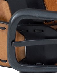 Leather belt featuring a black metal buckle, with a rich brown texture and contrasting stitching. The strap has multiple adjustment holes.