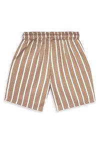Brune shorts med elastisk talje og lodrette hvide striber, knælange, letvægtsstof.