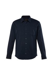 Camisa de manga larga azul marino, hecha de una tela suave, con cuello de punta, botones en la parte delantera, un bolsillo en el pecho y dobladillo redondeado.