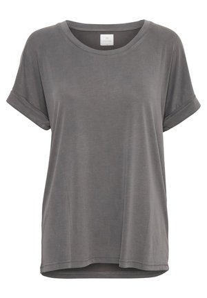 Effen grijs T-shirt met korte mouwen, losse pasvorm, opgerolde manchetten en ronde hals, weergegeven op een witte achtergrond.