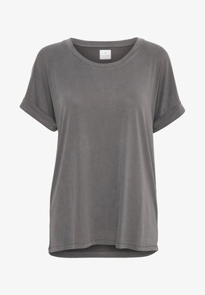 Prosty szary t-shirt z krótkim rękawem, luźnym krojem, z podwiniętymi mankietami i okrągłym dekoltem, pokazany na białym tle.