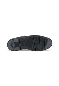 Czarna, gumowa podeszwa buta z wzorzystym bieżnikiem, z poziomymi i pionowymi liniami oraz okrągłym detalem w centrum.