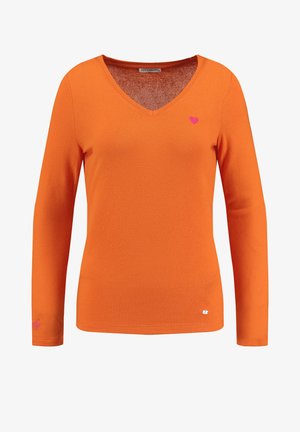 Oranje lange mouwen V-hals shirt van textiel met structuur. Heeft een klein roze hart op de borst en een logo-accent op de mouw.