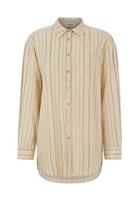 Bézs színű, gombos ing fekete függőleges csíkokkal, puha anyagból, klasszikus gallérral, hosszú ujjakkal, gombos mandzsettákkal, és íves alsó szegéllyel.