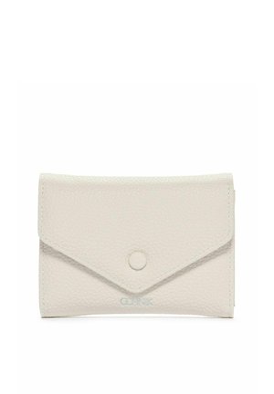 Mały biały portfel z fakturowanej skóry z przednią klapą zabezpieczoną zatrzaskiem i subtelnym wytłoczonym logo.