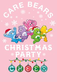 Care Bears-illustration på rosa bakgrund: fyra färgglada björnar, festliga detaljer som jultomteluvor, omgivna av snöflingor och ornamentdekorationer.