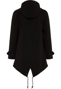 Black waterproof coat featuring a hood, drawstring hem, and angled back. Smooth texture with buttoned cuffs and a minimalist design.