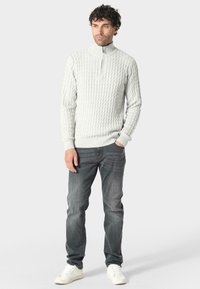 Maglione lavorato a maglia grigio chiaro con colletto alto e chiusura a mezza zip, caratterizzato da un motivo testurizzato. Abbinato a jeans grigio scuro e scarpe bianche.