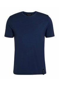T-shirt blu navy a maniche corte realizzato in tessuto morbido. Presenta un colletto a girocollo e una piccola etichetta con logo sull'orlo. Texture liscia con un design minimale.