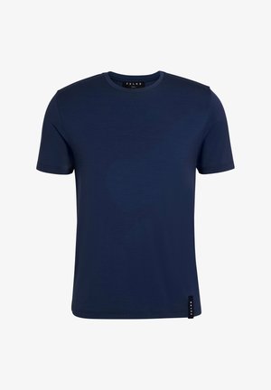 Dunkelblaues Kurzarm-T-Shirt aus weichem Stoff. Mit Rundhalsausschnitt und kleinem Logostick auf dem Saum. Glatte Oberfläche mit minimalistischen Design.