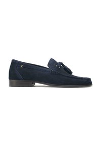 Navy suede loafers with a moccasin design, featuring a bow accent, stitched detailing, and a low brown heel. Logo on the outsole.