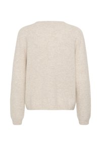 Beige kötött pulóver kerek nyakkivágással és hosszú ujjakkal. Puha textúra, laza szabás és bordázott alj részletek a deréknál és az ujjaknál.