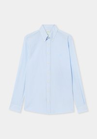 Camicia a maniche lunghe a righe blu chiaro realizzata in tessuto con colletto a punta, caratterizzata da bottoni bianchi e un piccolo logo ricamato sul petto.