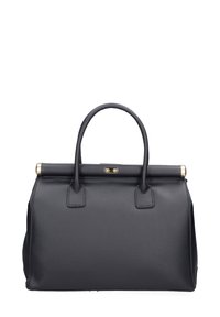 Zwarte leren handtas met een gestructureerd ontwerp, textuurafwerking, dubbele bovenhandvaten en een goudkleurige sluiting.