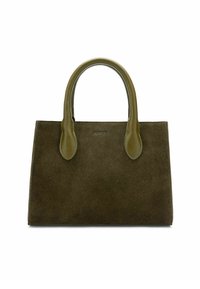 Olijfgroene suède handtas met gladde, bijpassende leren handvatten. Rechthoekige vorm met minimale branding aan de voorkant.