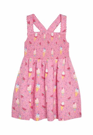 Robe rose sans manches pour tout-petit avec corsage élastiqué, ornée de motifs cônes de glace, tranches de pastèque et vermicelles colorés.