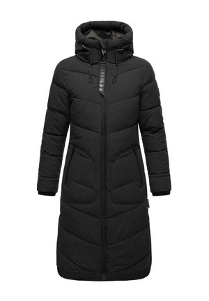Abrigo acolchado negro con capucha, que cuenta con un cierre frontal y dos bolsillos laterales. El diseño incluye patrones de costura vertical y toggles ajustables.