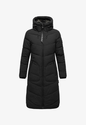 Juodas paminkštintas paltas su kapišonu, turintis priekį užtrauktuko ir dvi šonines kišenes. Dizainas apima vertikalius siuvimo raštus ir reguliuojamus stringus.