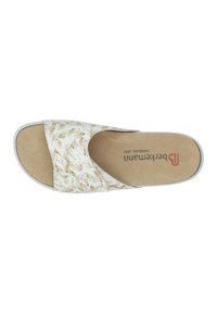 Slip-on sandal with a white upper featuring a wheat pattern, tan cushioned insole, and a light gray outsole.