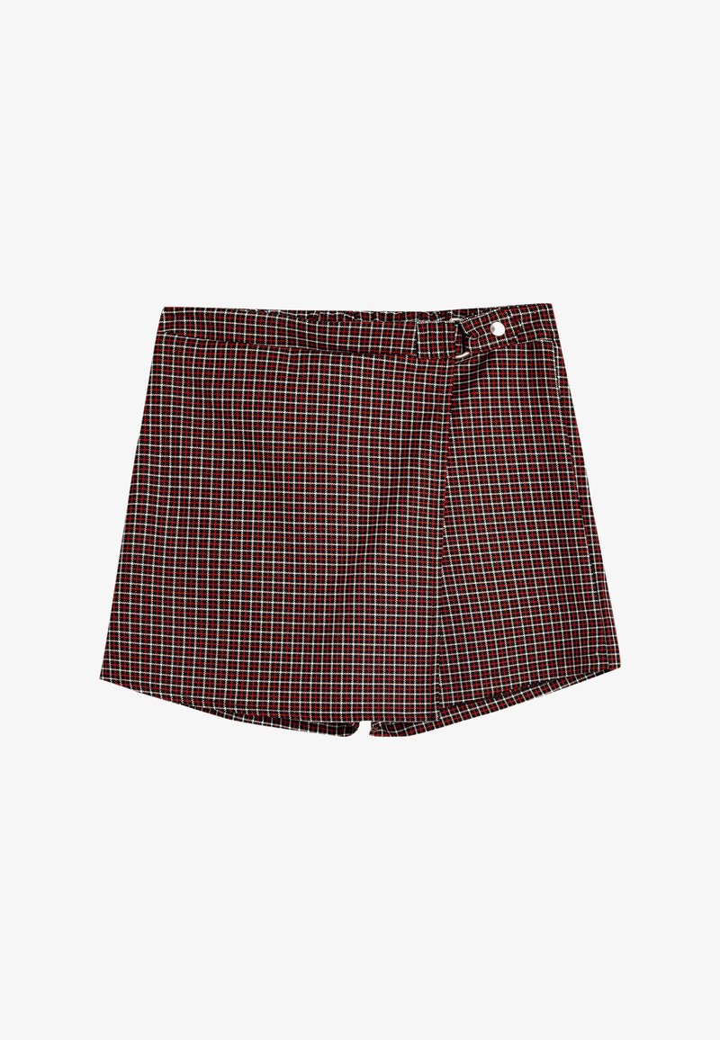 Gecontroleerde shorts met een rood en zwart ruitpatroon en lichtblauwe accenten, gemaakt van een lichtgewicht stof. Knopen detail bij de taille.