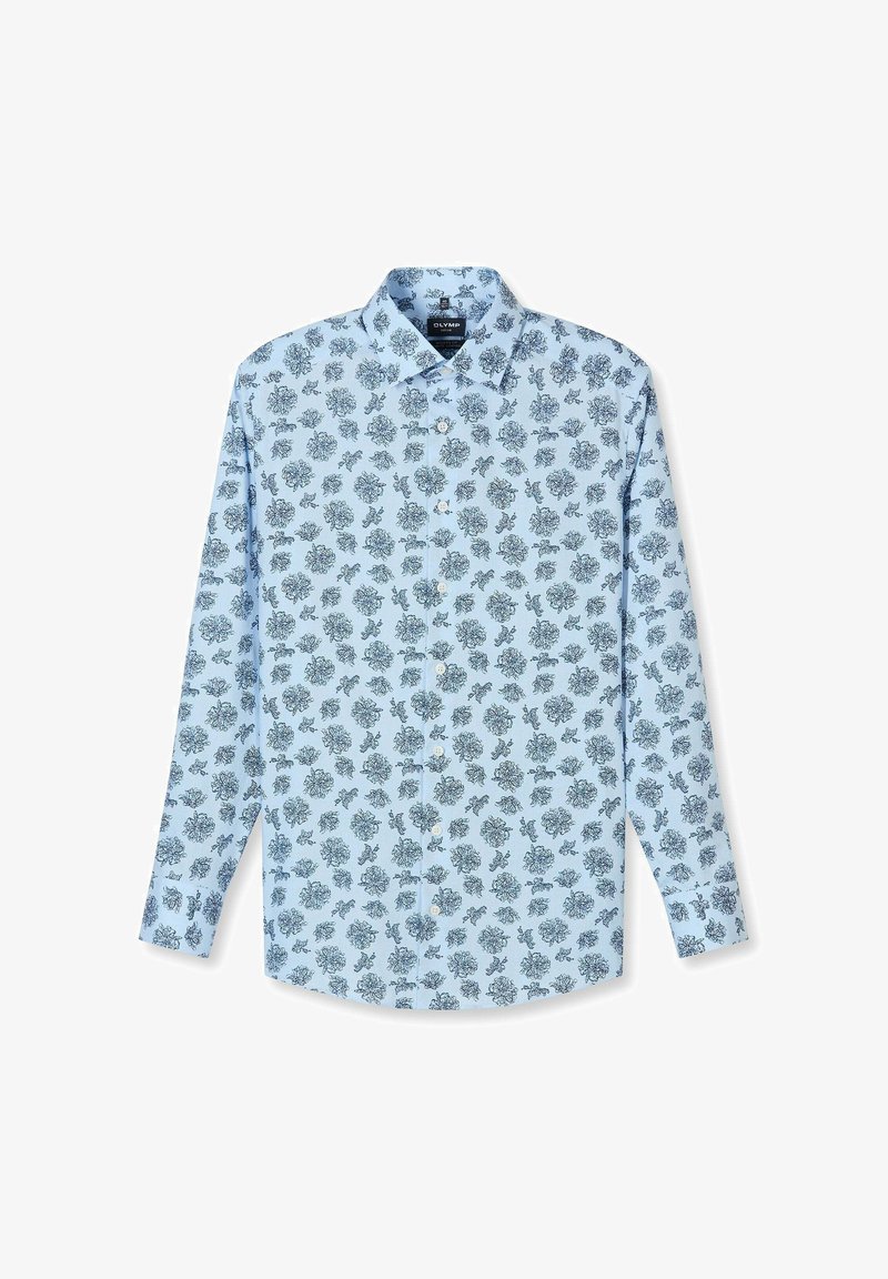 Hellblaues langärmliges Hemd mit Knöpfen, dunkelblauem Blumenmuster und klassischem Kragen, flach auf weißem Hintergrund liegend.