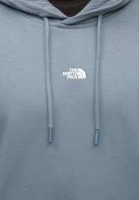 Lys blå hettegenser med snorer og hvit The North Face-logo brodert på brystet.