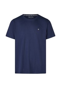 Námořnická modrá bavlněná tričko s kulatým výstřihem, krátkými rukávy a malou palmou na hrudi. Měkká textura, volný střih.