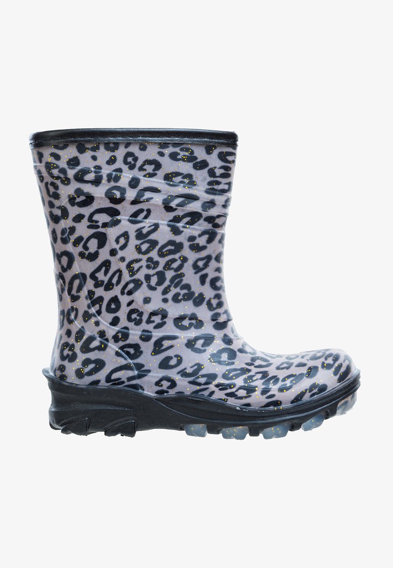 Botte en caoutchouc imprimée léopard avec une finition brillante, dotée d'un bord noir en haut, d'une semelle texturée et de paillettes dorées sur une surface translucide.