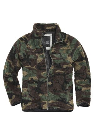 Mikina na zips z fleecu v kamuflážovom vzore. Obsahuje zelené, hnedé a béžové odtiene, dva zipsové vrecká a vysoký golier.