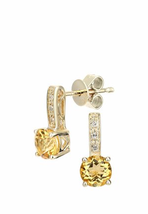 Øreringe i guldfarvet tone med runde, gule ædelstene og klare accentsten på en dekorativ stang. Glat overflade med en poleret finish.