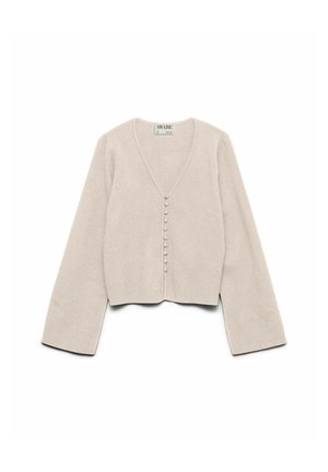 Izgriezts bēšs kardigāns ar V veida kakla izgriezumu, garām piedurknēm un sešām pogām priekšpusē. Mīksta tekstūra un minimālistisks dizains.