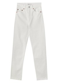 Jean skinny blanc taille haute avec bouton frontal, fermeture éclair et design à cinq poches, présenté à plat sur un fond blanc.