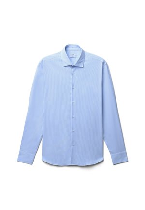 Himmelblaues Hemd mit feinen vertikalen weißen Streifen. Mit Kentkragen, langen Ärmeln und geradem Saum. Glatter Stoff.
