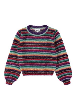 Pull à manches longues en matière pelucheuse avec des rayures horizontales violettes, vertes, rouges, orange et noires, doté d’un col rond et de poignets et ourlet côtelés.