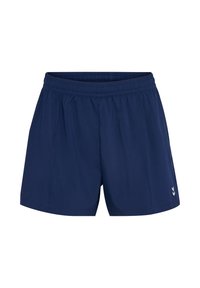 Shorts atletici blu navy con vita elastica, tessuto leggero e tasche laterali. Presentano un piccolo logo sull'orlo inferiore.