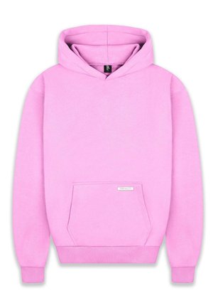 Pink hooded sweatshirt made of soft fabric, features a front kangaroo pocket, ribbed cuffs, and a ribbed hem. Tag visible inside the neck.