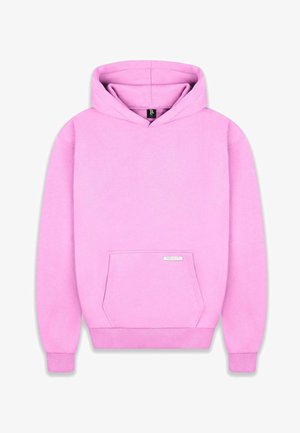 Sweatshirt à capuche rose en tissu doux, doté d'une poche kangourou à l'avant, de poignets côtelés et d'un ourlet côtelé. Étiquette visible à l'intérieur du cou.