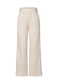 Beige, široké kalhoty vyrobené z texturované tkaniny. Obsahují vysoký pas s dvojitými knoflíkovými detaily a předními kapsami.