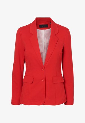 Blazer rouge en tissu lisse, doté d'un col à revers, de deux poches avant, d'une fermeture à un bouton et d'une doublure rayée.