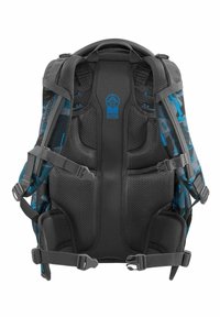 Black and blue textured backpack with padded mesh back, adjustable straps, and integrated buckles; features a logo in the center.