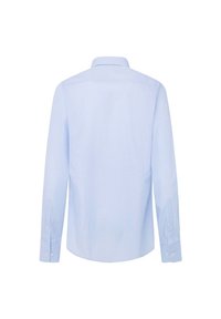 Camicia a maniche lunghe a quadri celeste con colletto button-down, polsini regolabili e una texture di tessuto liscia con una vestibilità aderente.