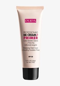 PUPA BB Cream + Primer w beżowej tubce z czarną zakrętką; tekst zawiera szczegóły produktu, SPF 20 oraz informację o odpowiedniości dla wszystkich typów skóry.