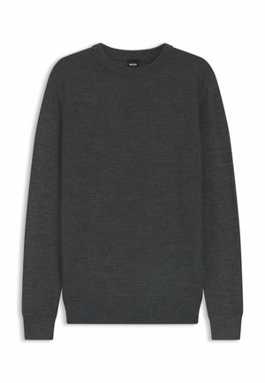 Mørkegrå strikket sweater med rund halsudskæring, lange ærmer og ribbede manchetter. Tekstureret stof med et subtilt mønster.