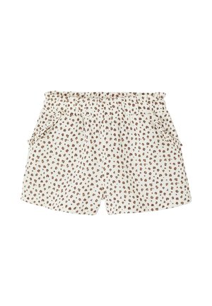 White elastic waist shorts with brown leopard spots and ruffled pocket edges.