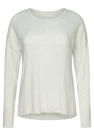 Lichtgrijs langemouwen shirt gemaakt van een zachte, gestructureerde stof. Beschikt over een brede halslijn en een relaxte pasvorm met een iets gebogen hem.