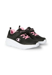 Scarpe da atletica nere con un design in rete, lacci rosa e fodera interna rosa. Presentano una fascetta in velcro e suola in gomma bianca.